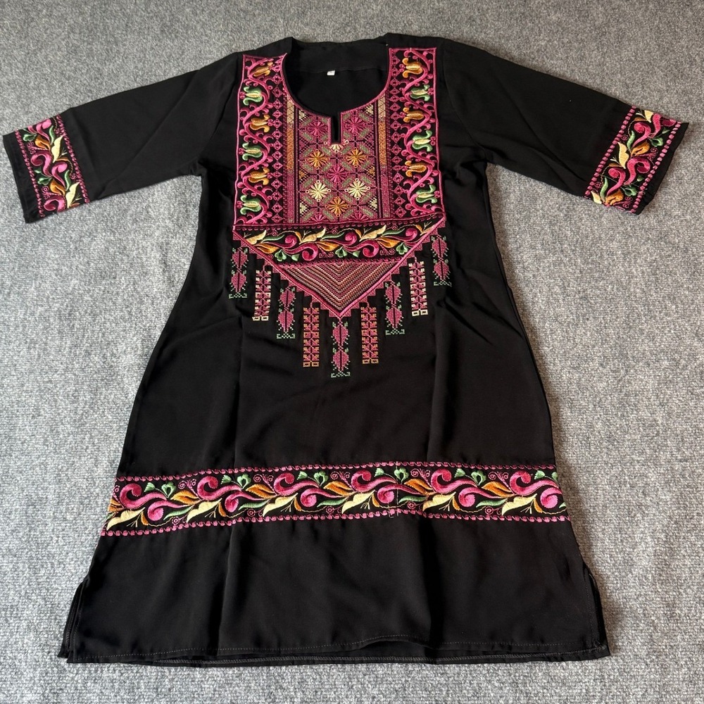 Black Embroidered Dress with Pink Green Yellow Floral Pattern Size Small